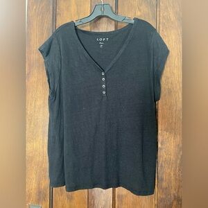 LOFT Linen Henley V-Neck Tee Black XL